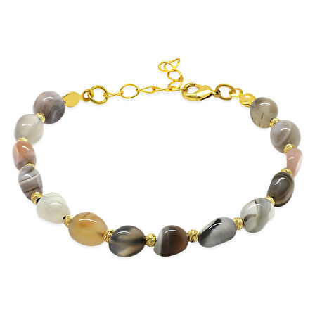 Gold Renk Metal Zincirli Dorika Top Süslemeli Amorf Madagaskar Akik Doğaltaş Kadın Bileklik