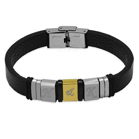 Siyah Deri&Çelik Kombinli Üç Plakalı Kişiye Özel Harf Yazılı Erkek Bileklik