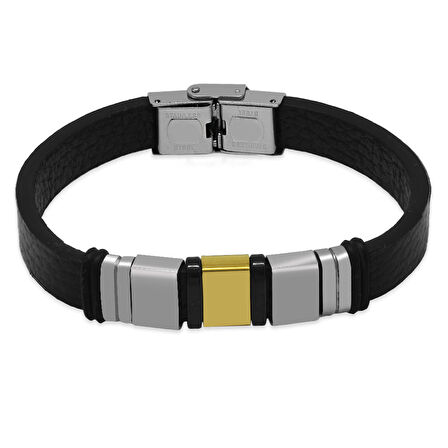 Siyah Deri&Çelik Kombinli Üç Plakalı Kişiye Özel Harf Yazılı Erkek Bileklik