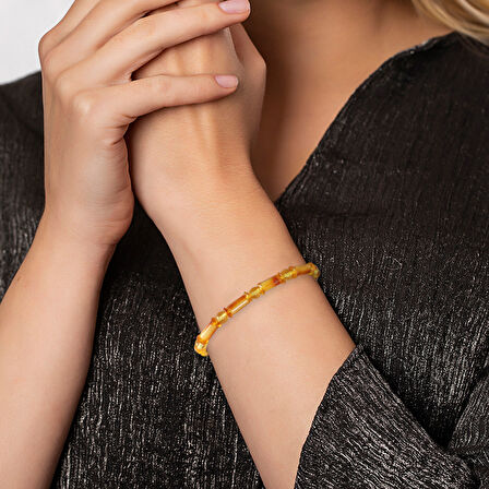 Bal-Sarı Renkli Silindir Kesim Doğal Damla Kehribar Kadın Bileklik