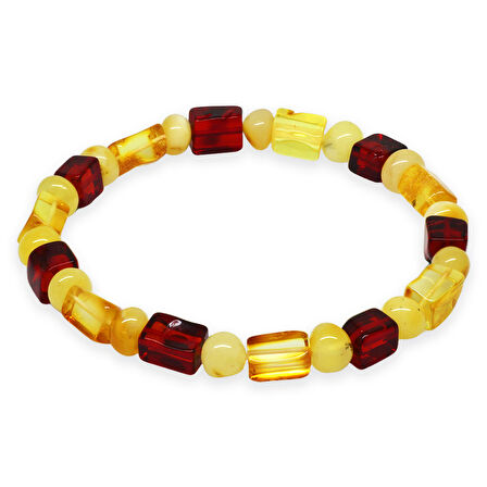 Sarı-Kırmızı Silindir&Küp Kesim Doğal Damla Kehribar Erkek Bileklik