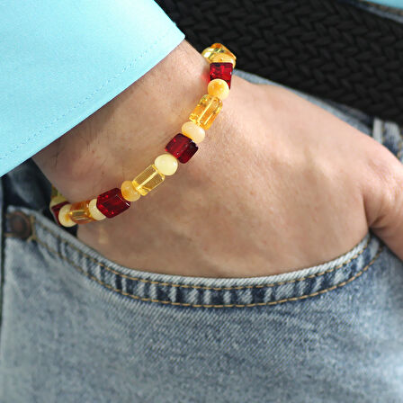 Sarı-Kırmızı Silindir&Küp Kesim Doğal Damla Kehribar Erkek Bileklik