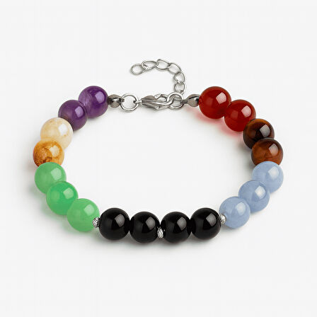 Gümüş Renk Kararmaz Metal Zincirli Küre Kesim Çoklu Doğaltaş Kombinli Erkek Başarı Bilekliği