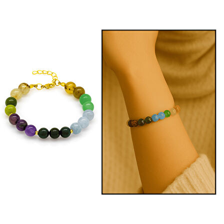 Gold Renk Kararmaz Metal Zincirli Küre Kesim Çoklu Doğaltaş Kombinli Kadın Şifa Bilekliği