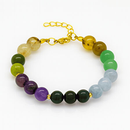 Gold Renk Kararmaz Metal Zincirli Küre Kesim Çoklu Doğaltaş Kombinli Kadın Şifa Bilekliği