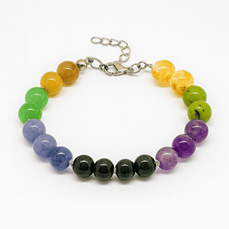 Gümüş Renk Kararmaz Metal Zincirli Küre Kesim Çoklu Doğaltaş Kombinli Erkek Şifa Bilekliği