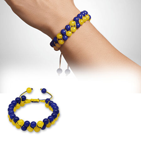 Çift Sıra Makrome Örgülü Küre Kesim Sarı Lacivert Jade Doğaltaş Erkek Taraftar Bileklik