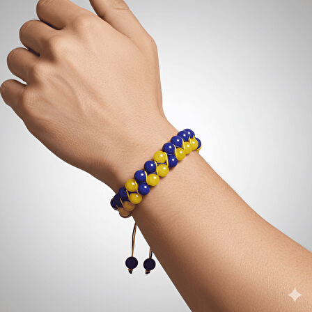 Çift Sıra Makrome Örgülü Küre Kesim Sarı Lacivert Jade Doğaltaş Erkek Taraftar Bileklik