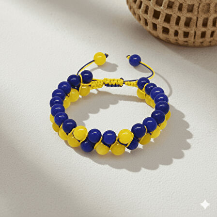 Çift Sıra Makrome Örgülü Küre Kesim Sarı Lacivert Jade Doğaltaş Erkek Taraftar Bileklik