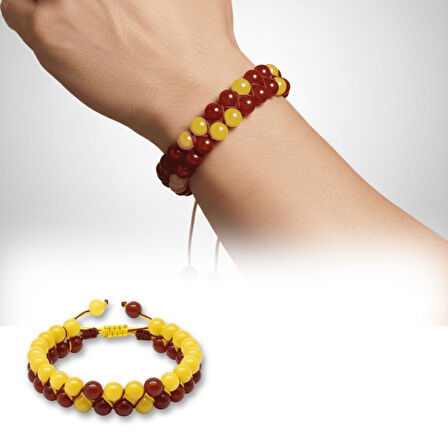 Çift Sıra Makrome Örgülü Küre Kesim Sarı Kırmızı Jade Akik Hematit Doğaltaş Erkek Taraftar Bileklik