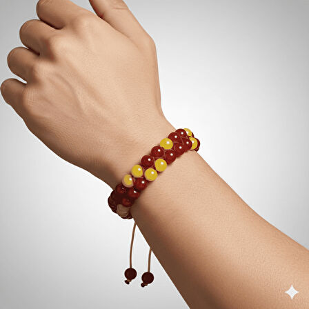 Çift Sıra Makrome Örgülü Küre Kesim Sarı Kırmızı Jade Akik Hematit Doğaltaş Erkek Taraftar Bileklik