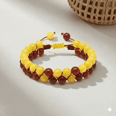 Çift Sıra Makrome Örgülü Küre Kesim Sarı Kırmızı Jade Akik Hematit Doğaltaş Erkek Taraftar Bileklik