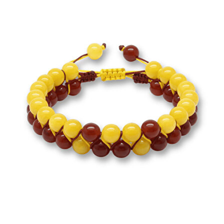 Çift Sıra Makrome Örgülü Küre Kesim Sarı Kırmızı Jade Akik Hematit Doğaltaş Erkek Taraftar Bileklik