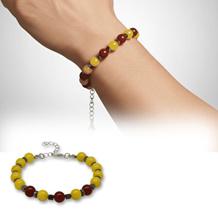 Gümüş Renk Metal Zincirli Küre Kesim Sarı Kırmızı Jade Akik Hematit Doğaltaş Erkek Taraftar Bileklik