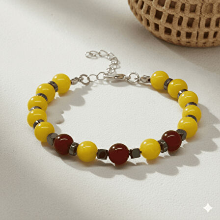 Gümüş Renk Metal Zincirli Küre Kesim Sarı Kırmızı Jade Akik Hematit Doğaltaş Erkek Taraftar Bileklik