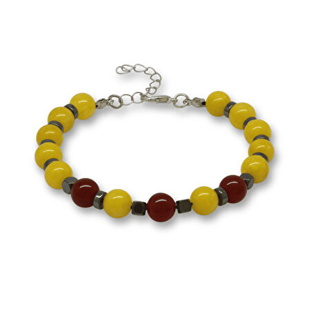 Gümüş Renk Metal Zincirli Küre Kesim Sarı Kırmızı Jade Akik Hematit Doğaltaş Erkek Taraftar Bileklik