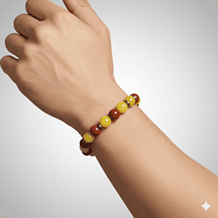 Küre Kesim Sarı Kırmızı Jade Akik Hematit Doğaltaş Erkek Taraftar Bileklik M2