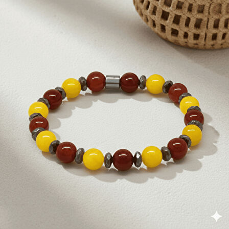 Küre Kesim Sarı Kırmızı Jade Akik Hematit Doğaltaş Erkek Taraftar Bileklik M2