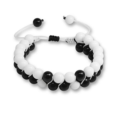Çift Sıra Makrome Örgülü Küre Kesim Siyah Beyaz Jade Oniks Doğaltaş Erkek Taraftar Bileklik