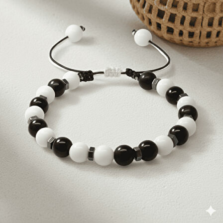 Makrome Örgülü Küre Kesim Siyah Beyaz Jade Oniks Hematit Doğaltaş Erkek Taraftar Bileklik