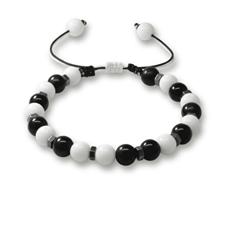 Makrome Örgülü Küre Kesim Siyah Beyaz Jade Oniks Hematit Doğaltaş Erkek Taraftar Bileklik