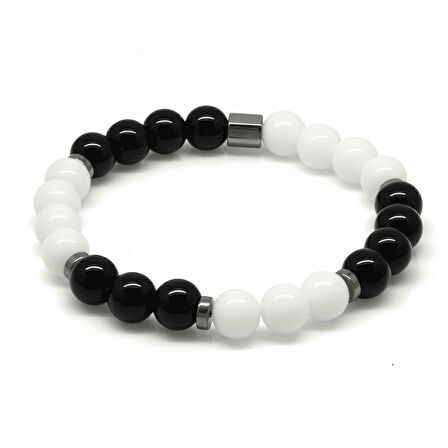 Küre Kesim Siyah Beyaz Jade Oniks Hematit Doğaltaş Erkek Taraftar Bileklik