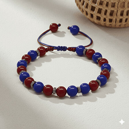 Makrome Örgülü Küre Kesim Bordo Mavi Jade Hematit Doğaltaş Erkek Taraftar Bileklik