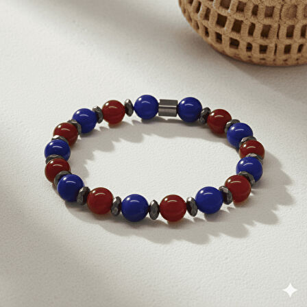 Küre Kesim Bordo Mavi Jade Doğaltaş Erkek Taraftar Bileklik - M2