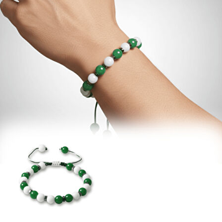 Makrome Örgülü Küre Kesim Yeşil Beyaz Jade Hematit Doğaltaş Erkek Taraftar Bileklik