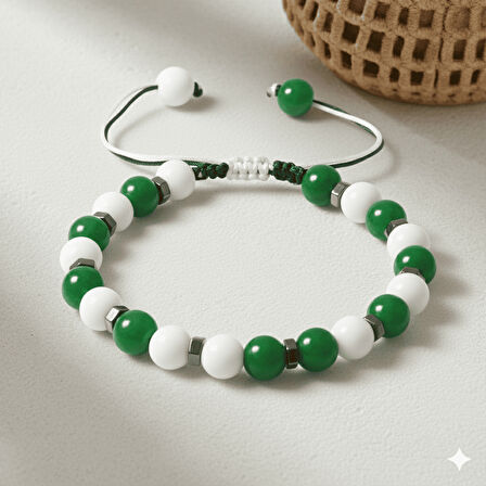 Makrome Örgülü Küre Kesim Yeşil Beyaz Jade Hematit Doğaltaş Erkek Taraftar Bileklik