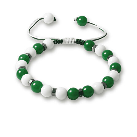 Makrome Örgülü Küre Kesim Yeşil Beyaz Jade Hematit Doğaltaş Erkek Taraftar Bileklik
