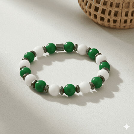 Küre Kesim Yeşil Beyaz Jade Hematit Doğaltaş Erkek Taraftar Bileklik M2