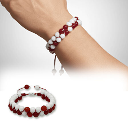 Çift Sıra Makrome Örgülü Küre Kesim Kırmızı Beyaz Jade Akik Doğaltaş Erkek Taraftar Bileklik