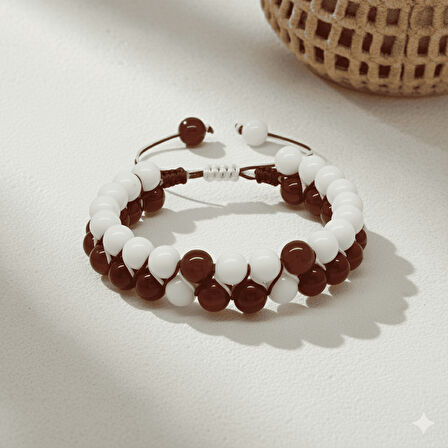 Çift Sıra Makrome Örgülü Küre Kesim Kırmızı Beyaz Jade Akik Doğaltaş Erkek Taraftar Bileklik