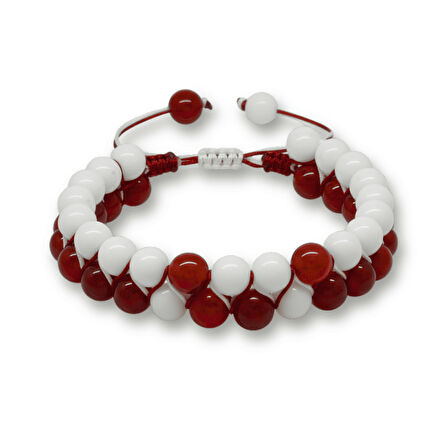 Çift Sıra Makrome Örgülü Küre Kesim Kırmızı Beyaz Jade Akik Doğaltaş Erkek Taraftar Bileklik
