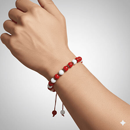 Makrome Örgülü Küre Kesim Kırmızı Beyaz Jade Akik Hematit Doğaltaş Erkek Taraftar Bileklik