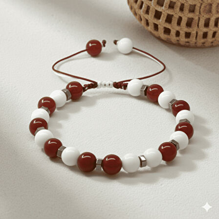 Makrome Örgülü Küre Kesim Kırmızı Beyaz Jade Akik Hematit Doğaltaş Erkek Taraftar Bileklik