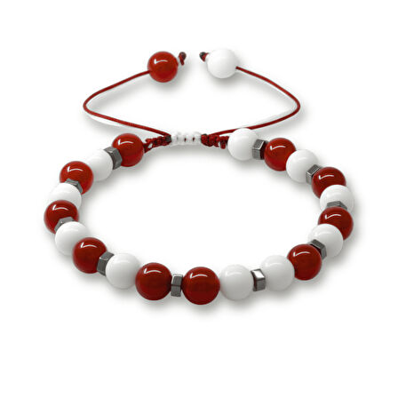 Makrome Örgülü Küre Kesim Kırmızı Beyaz Jade Akik Hematit Doğaltaş Erkek Taraftar Bileklik