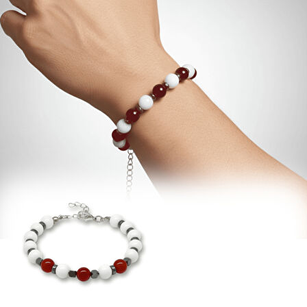 Gümüş Renk Metal Zincir Küre Kesim Kırmızı Beyaz Jade Akik Hematit Doğaltaş Erkek Taraftar Bileklik