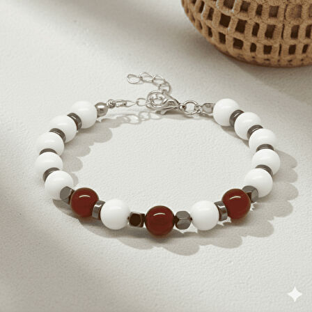 Gümüş Renk Metal Zincir Küre Kesim Kırmızı Beyaz Jade Akik Hematit Doğaltaş Erkek Taraftar Bileklik