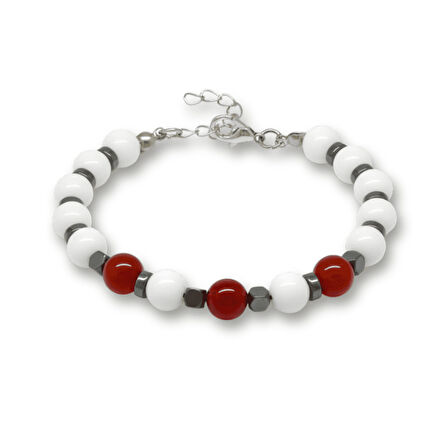 Gümüş Renk Metal Zincir Küre Kesim Kırmızı Beyaz Jade Akik Hematit Doğaltaş Erkek Taraftar Bileklik
