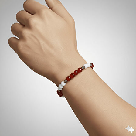 Küre Kesim Kırmızı Beyaz Jade Akik Hematit Doğaltaş Erkek Taraftar Bileklik