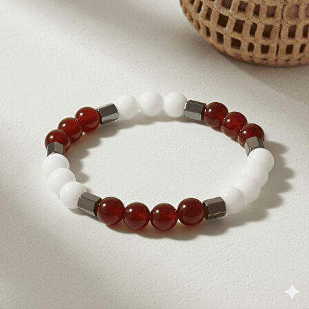 Küre Kesim Kırmızı Beyaz Jade Akik Hematit Doğaltaş Erkek Taraftar Bileklik