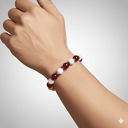 Küre Kesim Kırmızı Beyaz Jade Akik Hematit Doğaltaş Erkek Taraftar Bileklik M2