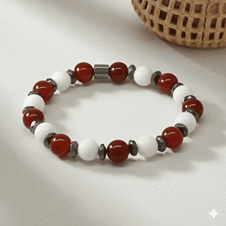 Küre Kesim Kırmızı Beyaz Jade Akik Hematit Doğaltaş Erkek Taraftar Bileklik M2