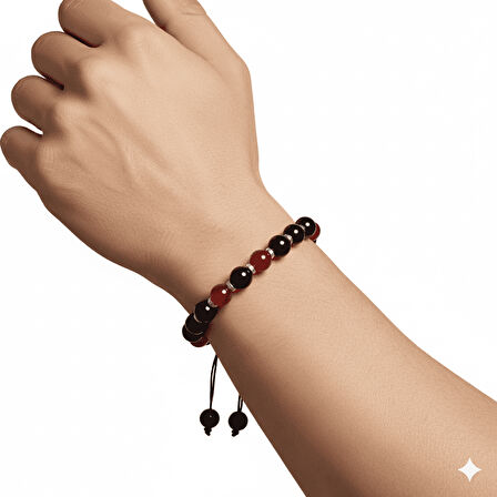 Makrome Örgülü Küre Kesim Kırmızı Siyah Akik Oniks Hematit Doğaltaş Erkek Taraftar Bileklik