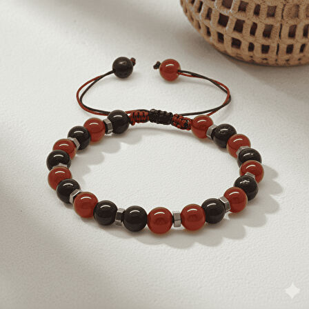 Makrome Örgülü Küre Kesim Kırmızı Siyah Akik Oniks Hematit Doğaltaş Erkek Taraftar Bileklik