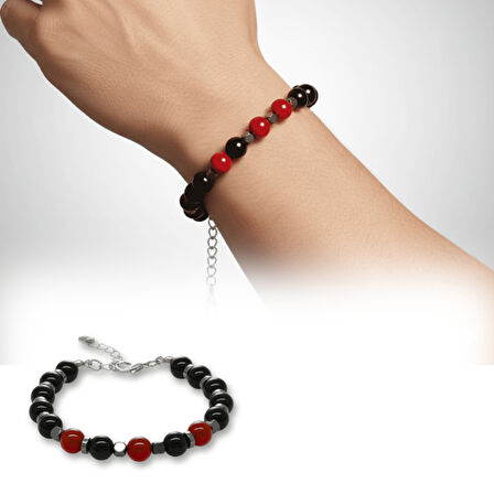 Gümüş Renk Metal Zincir Küre Kesim Kırmızı Siyah Akik Oniks Hematit Doğaltaş Erkek Taraftar Bileklik