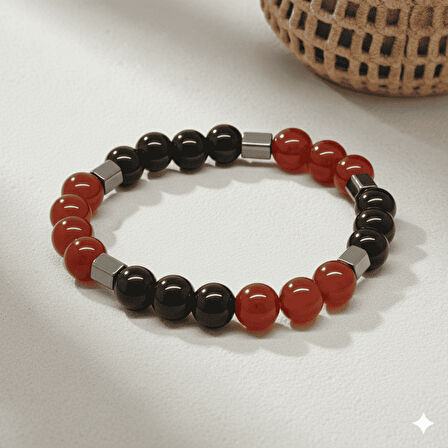 Küre Kesim Kırmızı Siyah Akik Oniks Hematit Doğaltaş Erkek Taraftar Bileklik