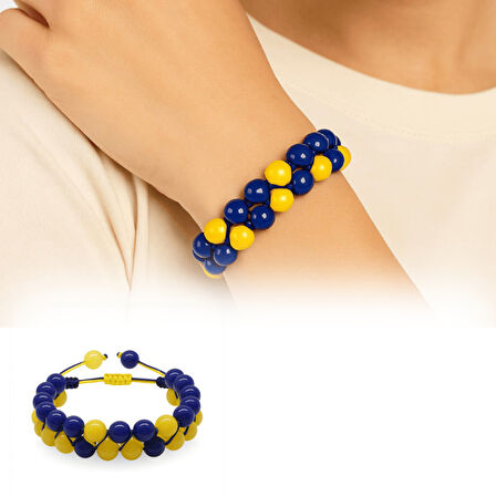 Çift Sıra Makrome Örgülü Küre Kesim Sarı Lacivert Jade Doğaltaş Kadın Taraftar Bileklik